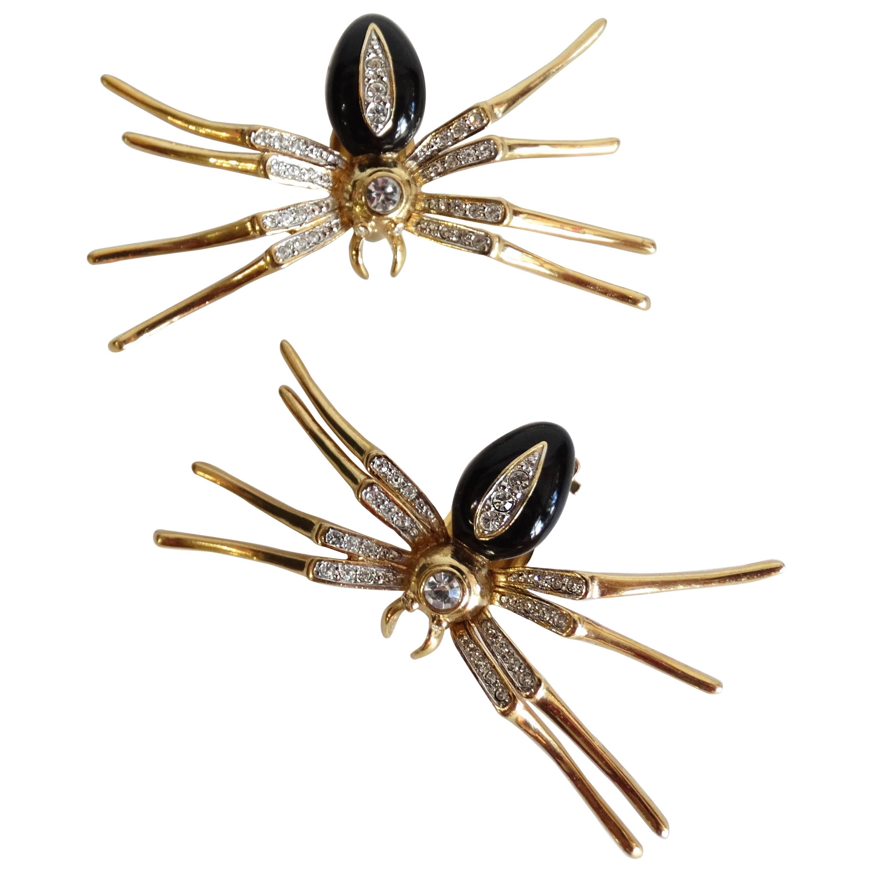 1980s Black Widow Spider Enamel and Crystal Earrings