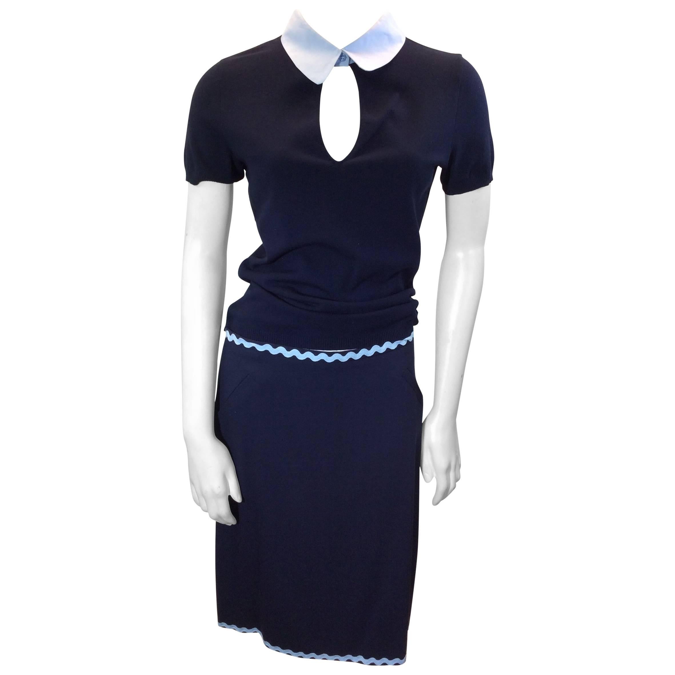 Moschino Navy Skirt Suit With Light Blue Collar For Sale