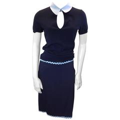 Moschino Navy Skirt Suit With Light Blue Collar