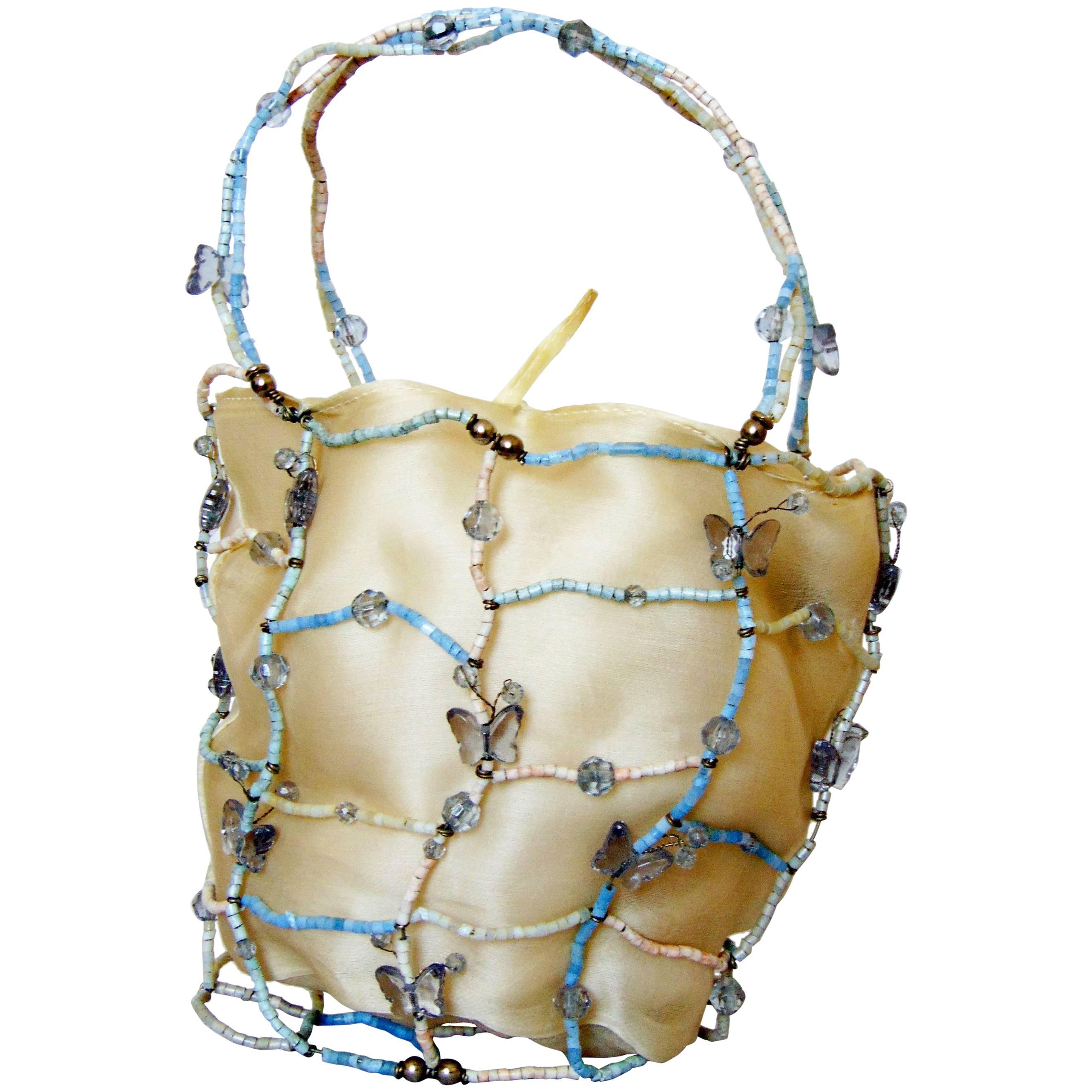 Rare Bottega Veneta Silk Evening Bag with Beaded Wire Frame + Butterflies