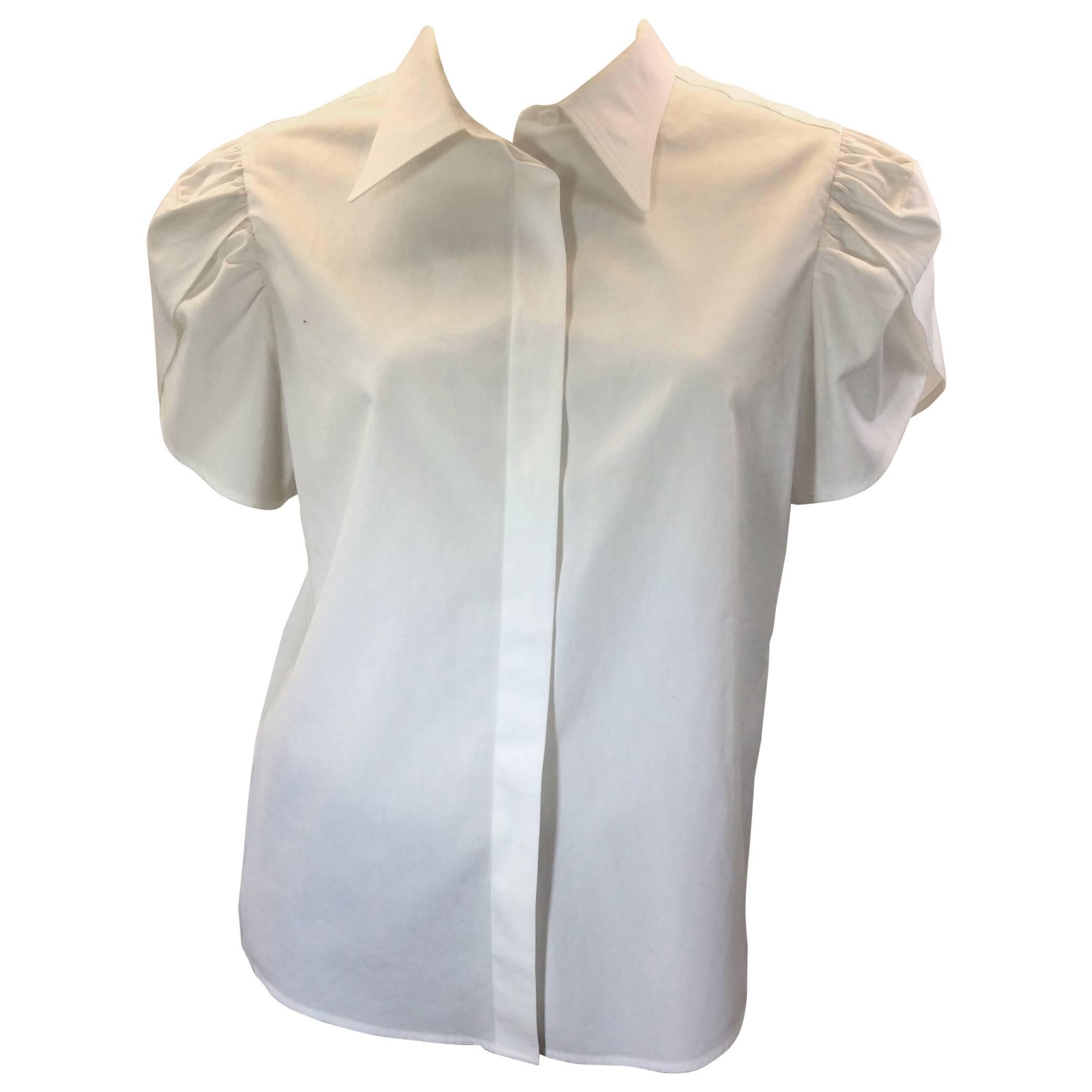 Yves Saint Laurent White Short Sleeve Buttondown Blouse For Sale