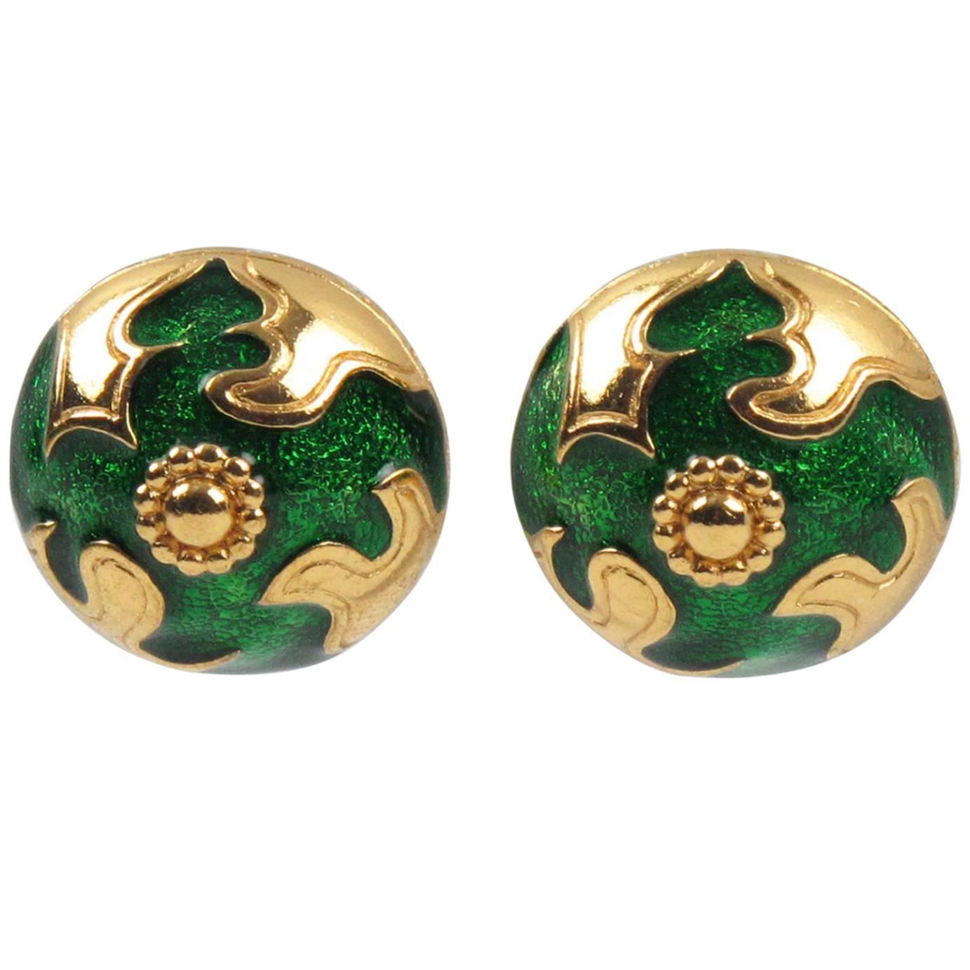 Yves Saint Laurent Paris clip on Earrings Gilt Metal Emerald Green Enamel