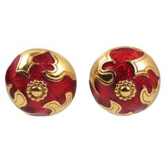 Vintage Yves Saint Laurent Paris clip on Earrings Gilt Metal Red Enamel