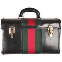 GUCCI VINTAGE Black Leather HARD TRAIN CASE Beauty w/ STRIPES