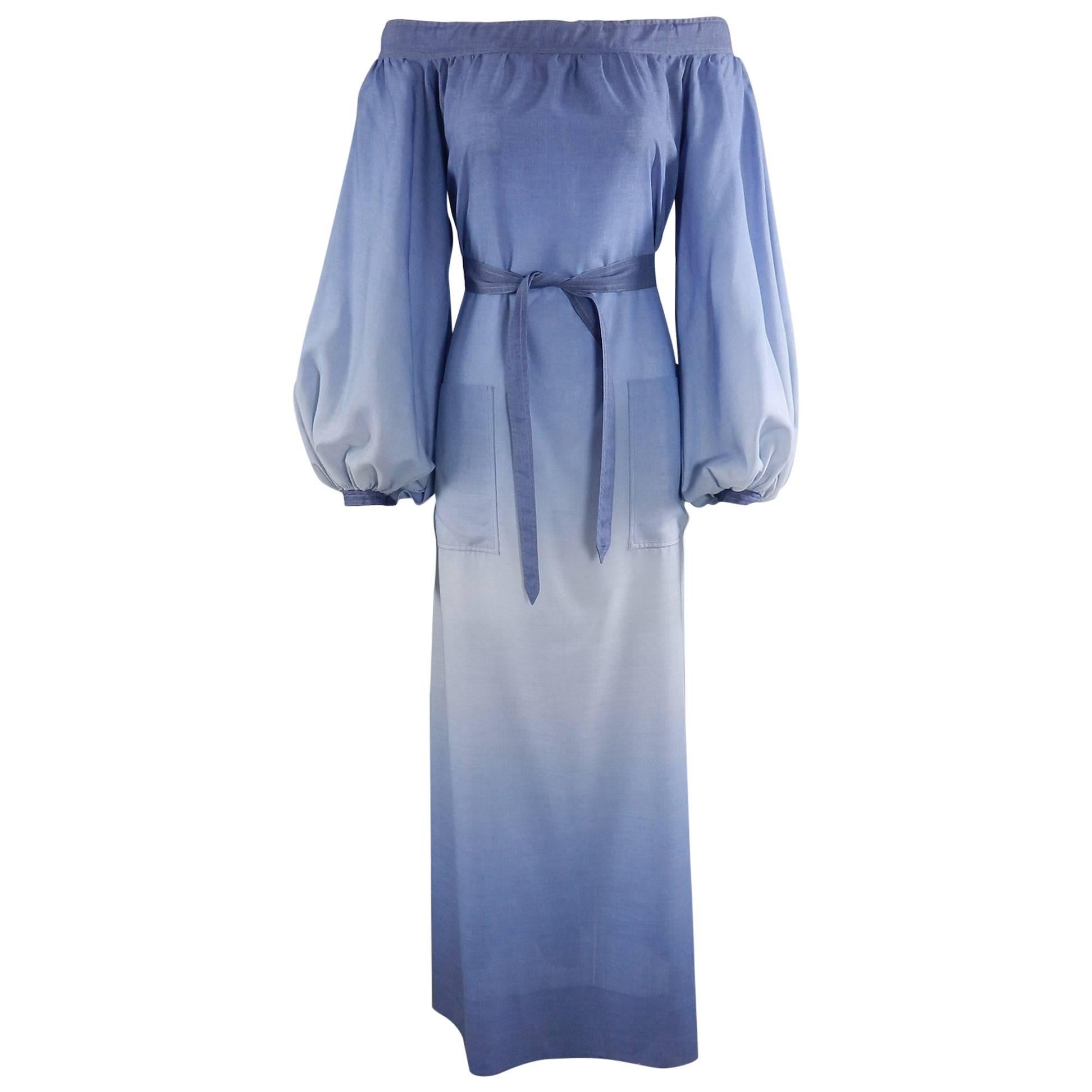 Vintage 1970's Givenchy Nouvelle Boutique Blue Ombre Off Shoulder Gown