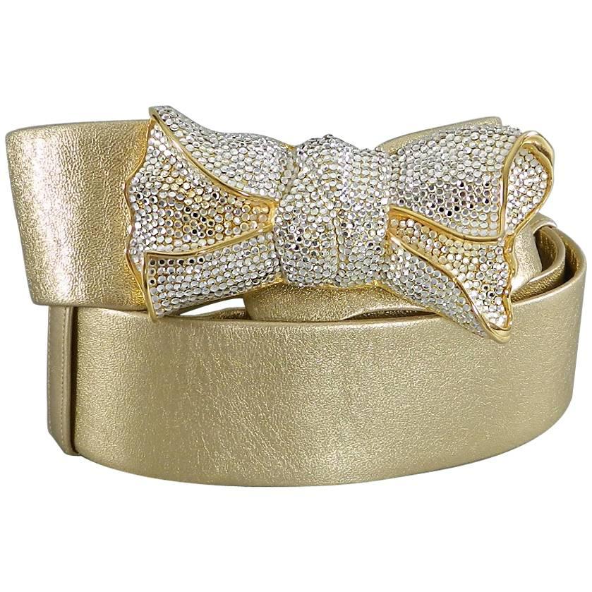 judith leiber 1980's Gold leather and Swarovski Crystal Bow Belt
