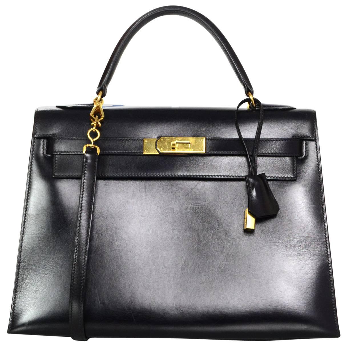 Hermes '80s Black Box Leather 32cm Sellier Rigid Kelly Bag