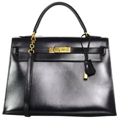 Retro Hermes '80s Black Box Leather 32cm Sellier Rigid Kelly Bag