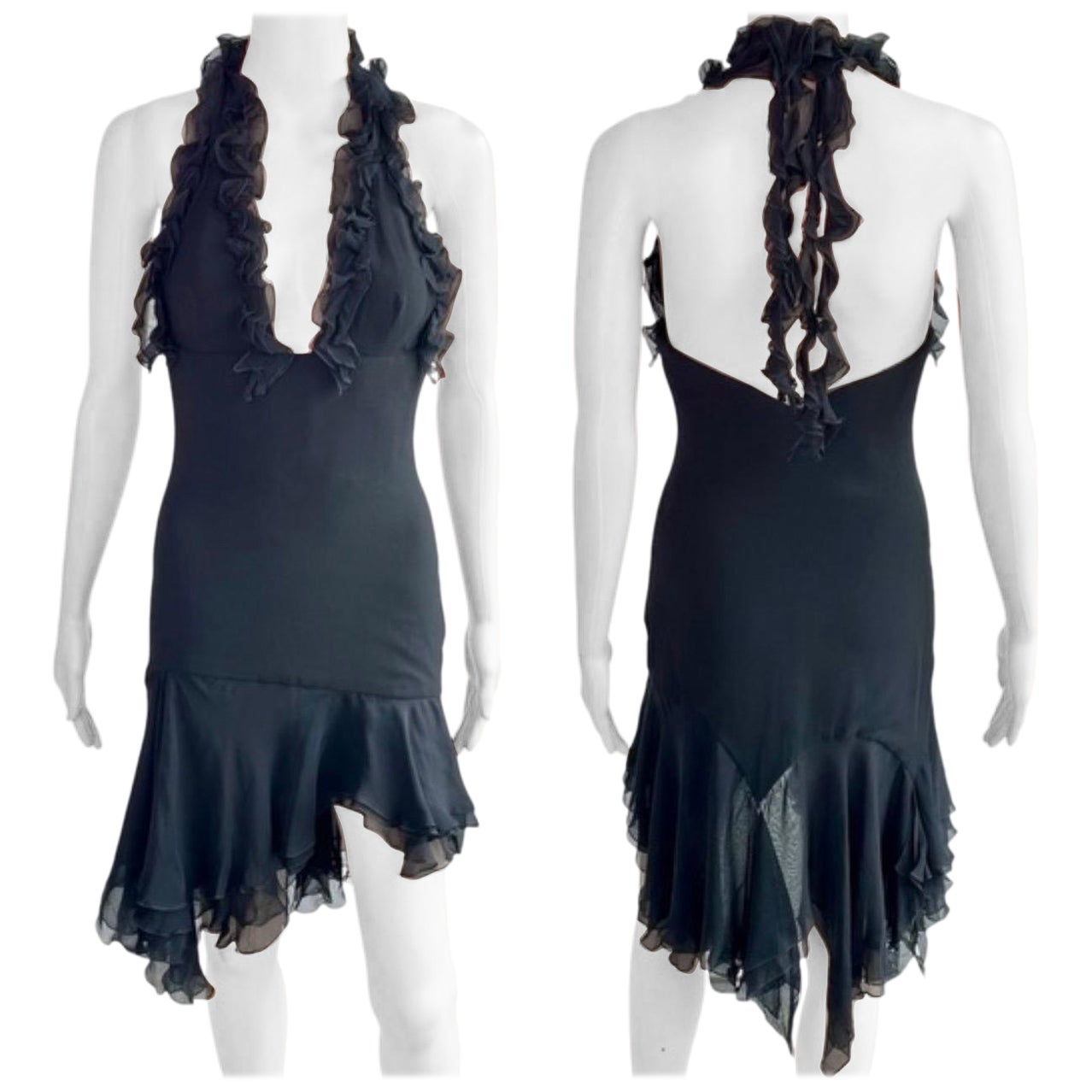 Versace S/S 2004 Runway Ruffled Plunging Neckline Low Back Black Dress For Sale