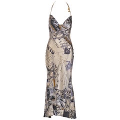 Roberto Cavalli Astrological Print Silk Halter Dress with Chain Straps, FW 2003