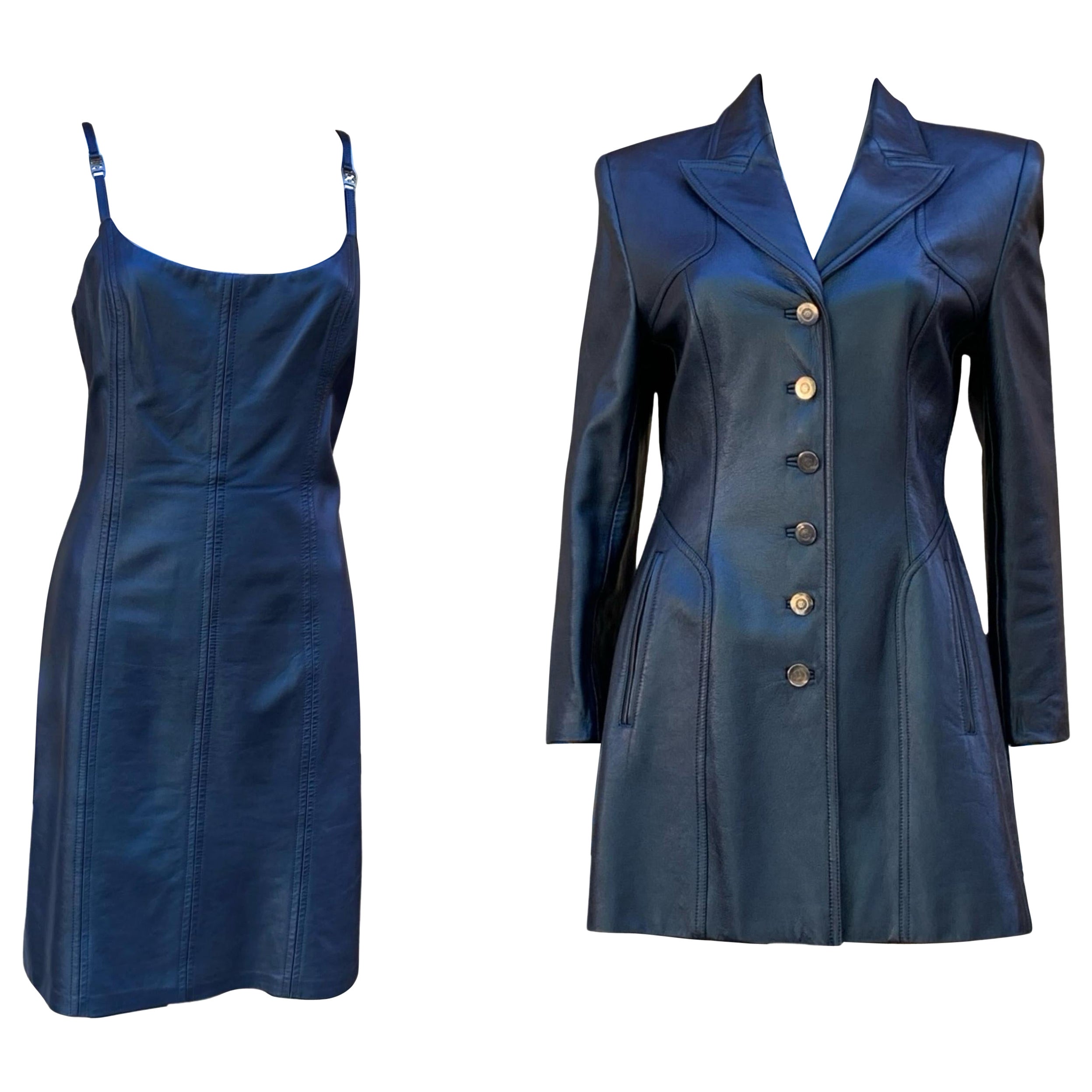 Escada Rare Blue Metallic Leather Tank Dress and Jacket Ensemble Sz 8/38 For Sale 15