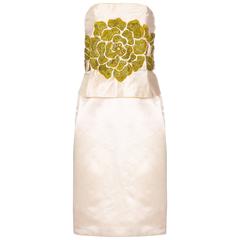 1960s Cream Silk Couture Dress with Elaborate Green Floral Beading 6