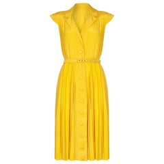1960s Unlabelled Haute Couture Canary Yellow Silk Pleated Dress