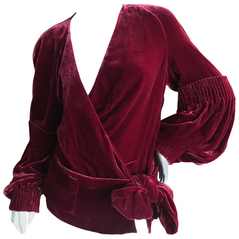John Galliano Romantic Red Velvet Wrap Style Bishop Sleeve Blouse Size ...