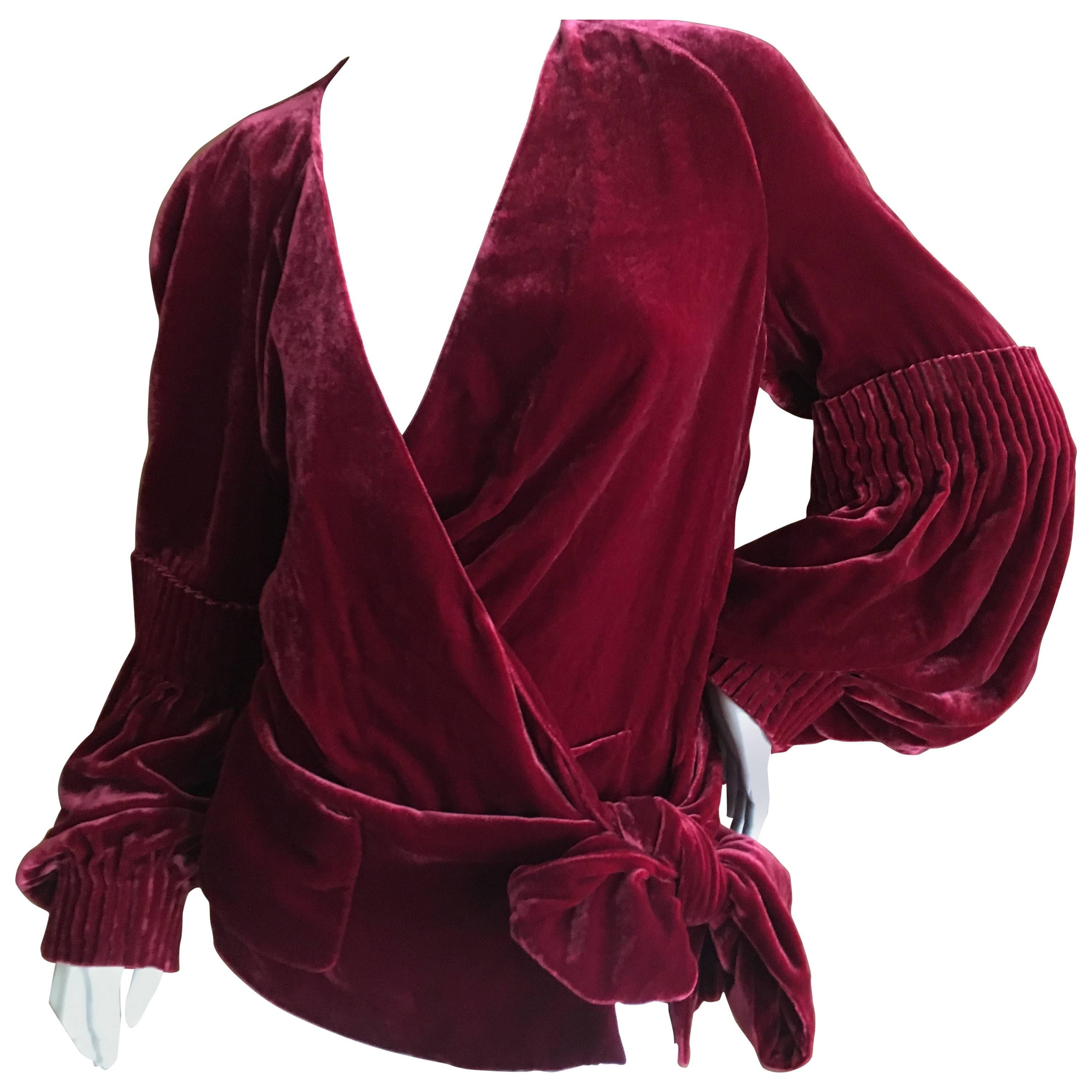 John Galliano Romantic Red Velvet Wrap Style Bishop Sleeve Blouse Size 46 For Sale