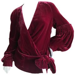 John Galliano Romantic Red Velvet Wrap Style Bishop Sleeve Blouse Size 46