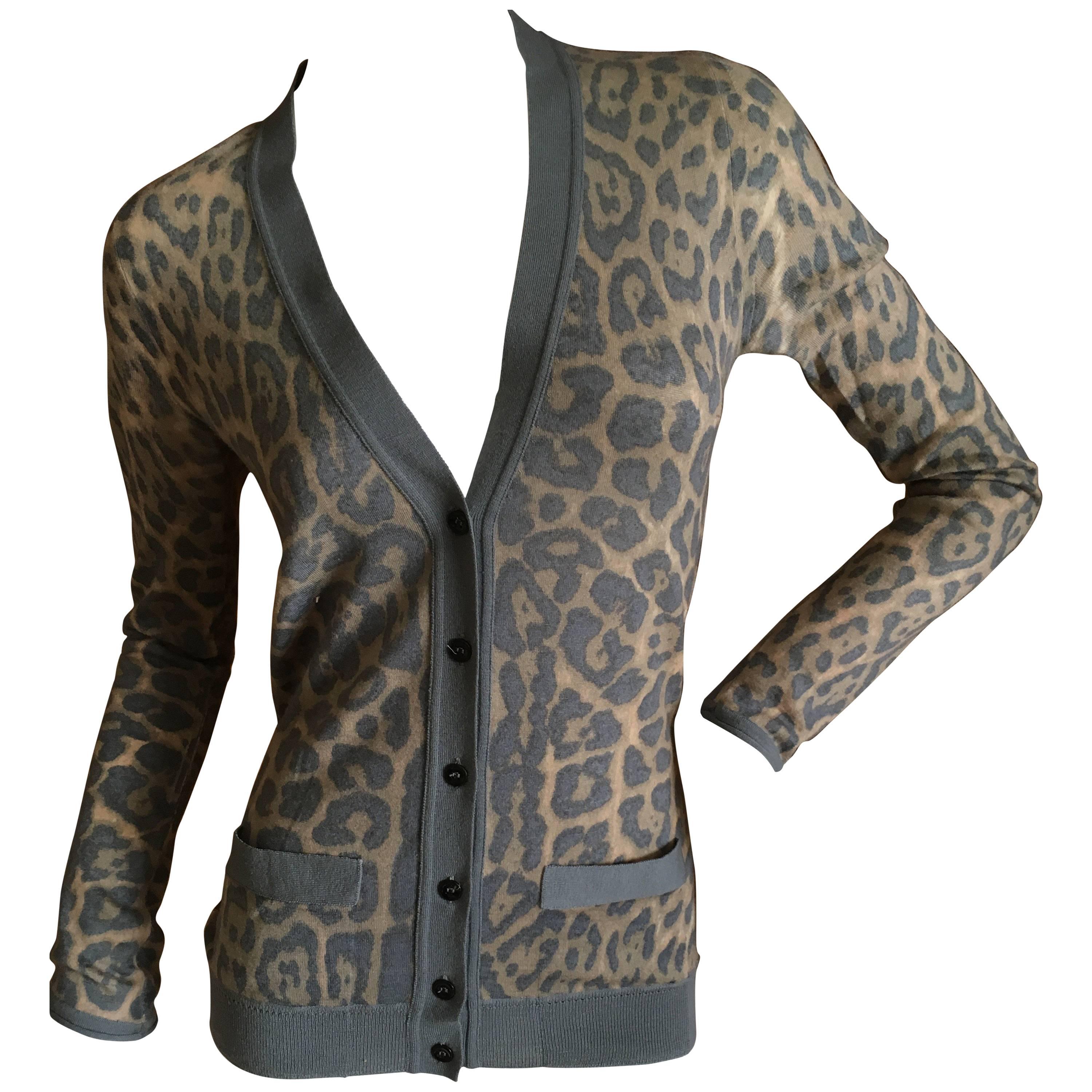 Yves Saint Laurent Sheer Pure Cashmere Leopard Print Cardigan Sweater Sz M For Sale