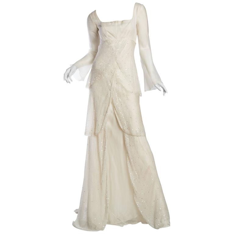 1990s Alberta Ferretti trained Silk Gown Beaded with Crystals For Sale ...