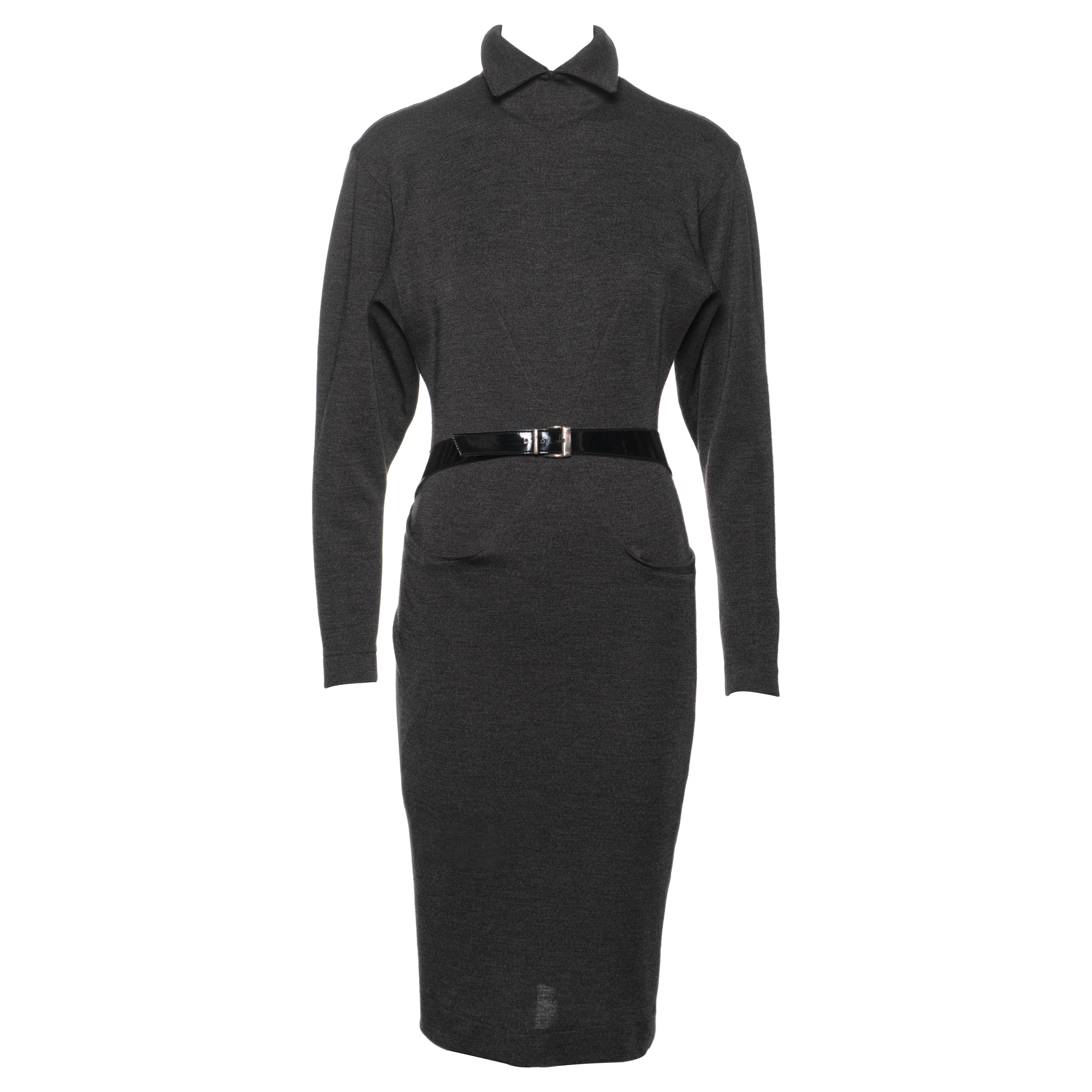Azzedine Alaia Charcoal Grey Wool Wrap Dress with Belted Waist, FW 1983 For Sale