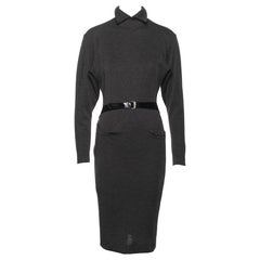 Azzedine Alaia Charcoal Grey Wool Wrap Dress with Belted Waist, FW 1983
