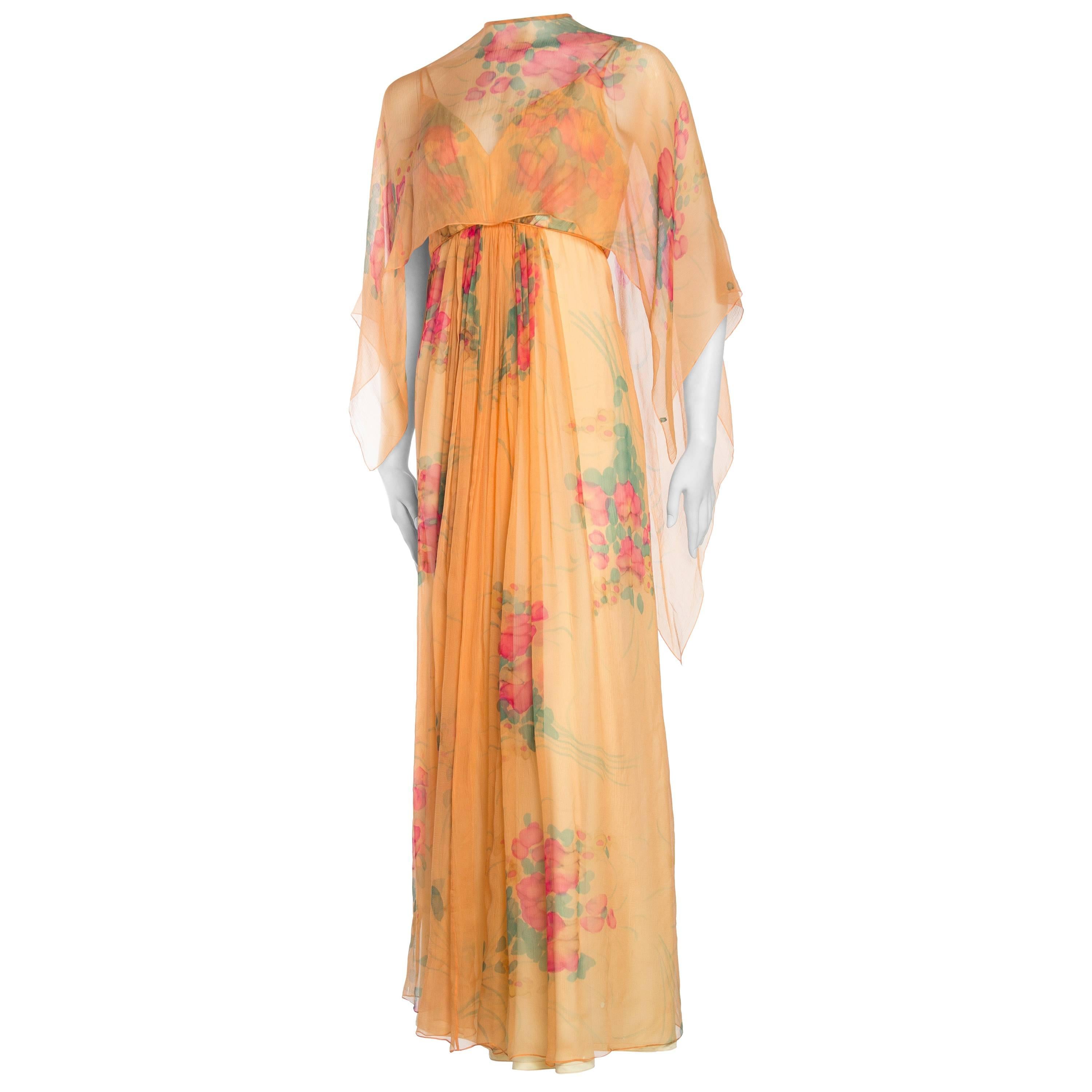 1970s Alfred Bosand Hand Painted Silk Chiffon Gown with Cape