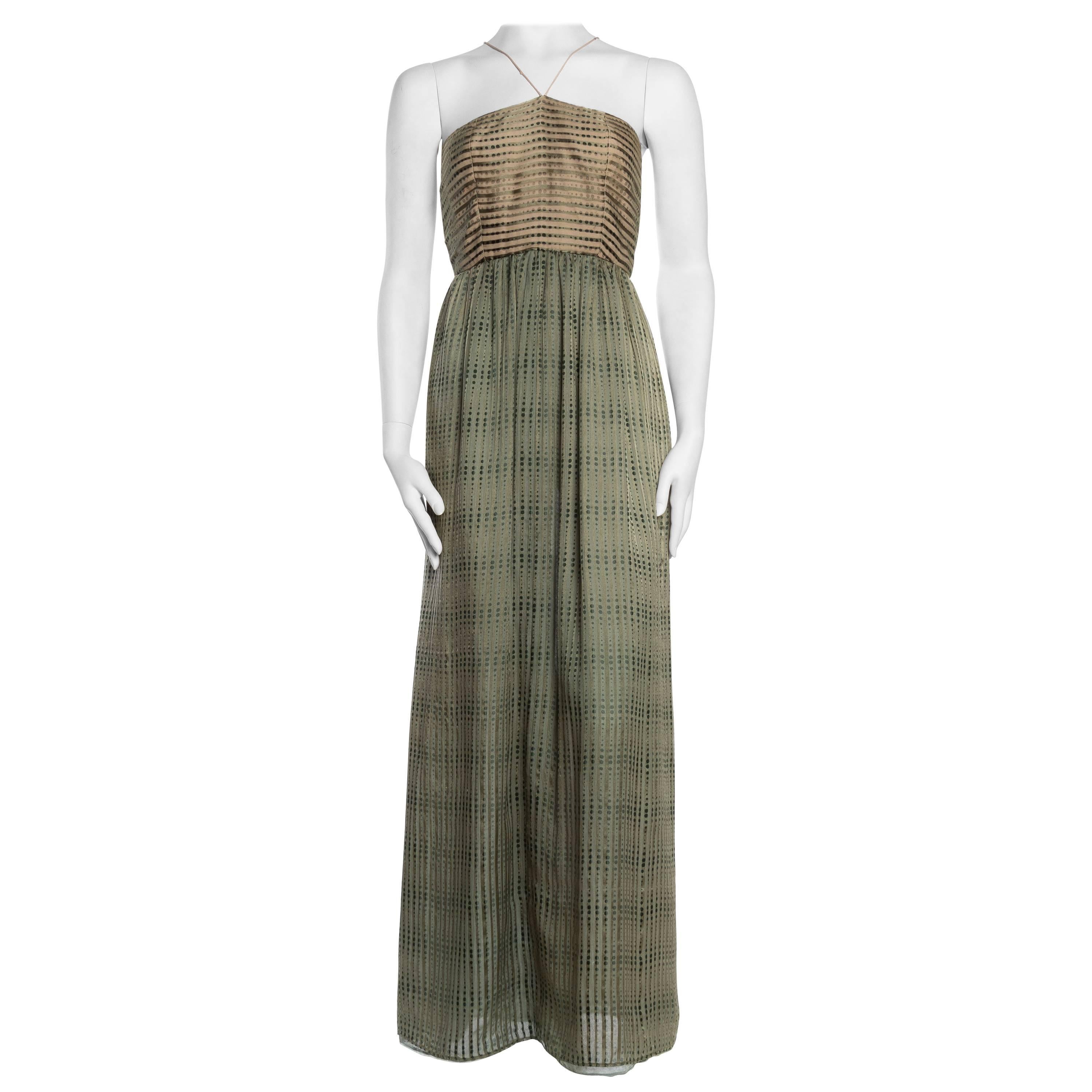 1970S BILL BLASS Olive Green Silk Chiffon Stripe Backless Gown at ...