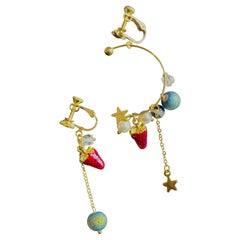 Asymmetric Strawberry Cluster Ball Star Hoop Tassel Drop Gold Clip On Earrings