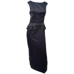60s Black Beaded Column Dress w/ Peplum