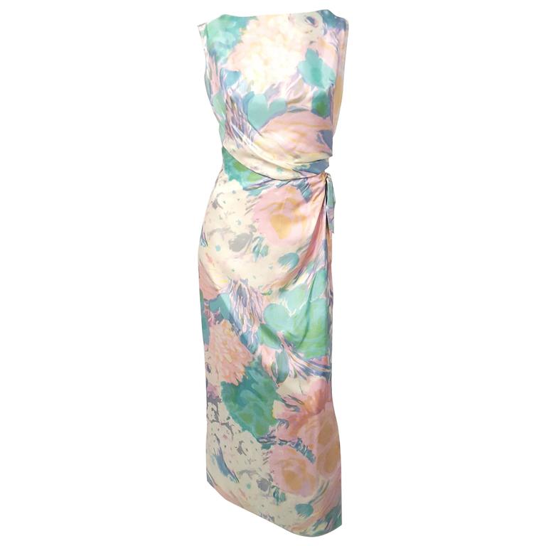 60s Pastel Watercolor Print Silk Column Dress For Sale at 1stDibs