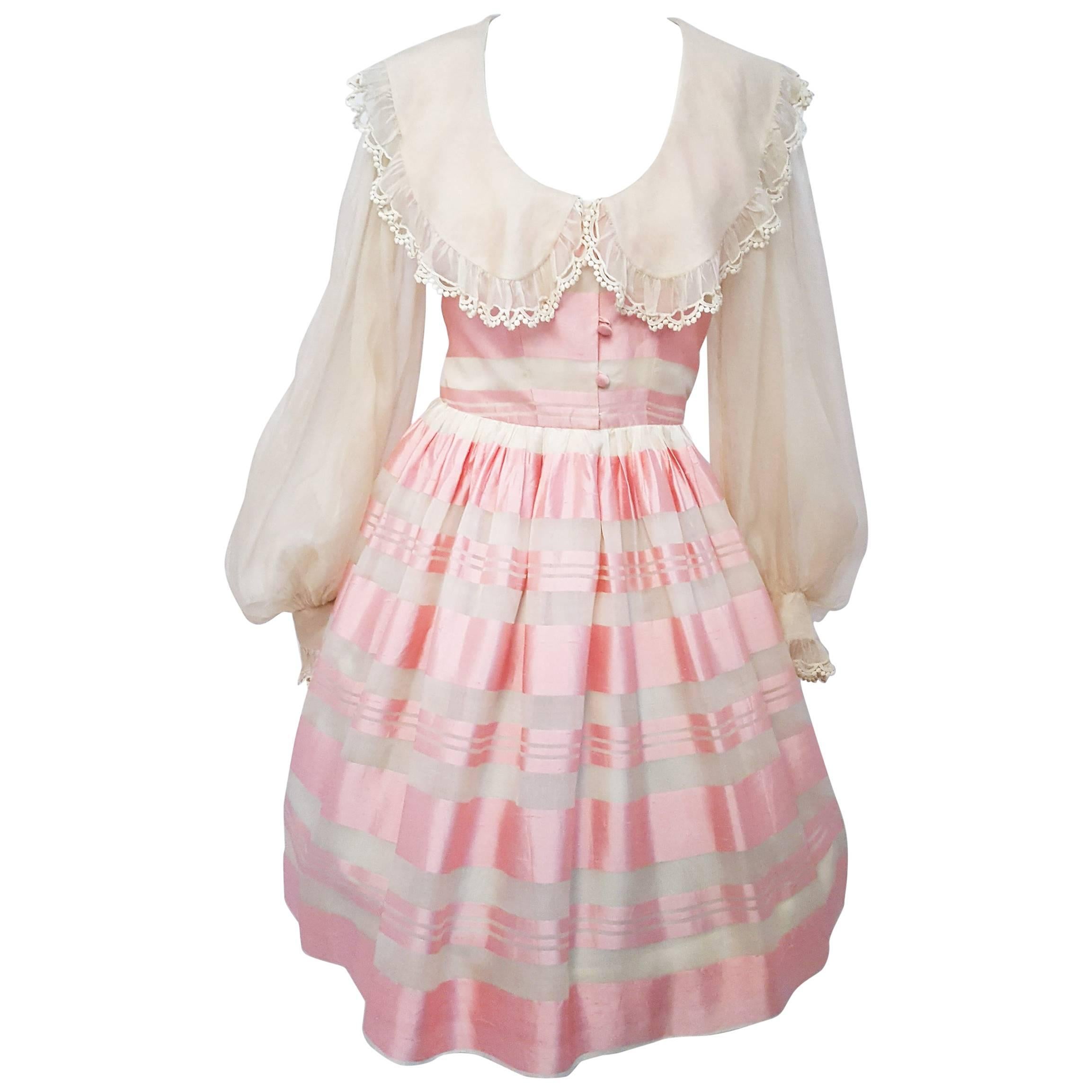 80s Albert Capraro Pink and Off-white Silk Striped Dress