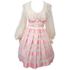 Vintage 80s Albert Capraro Pink and Off-white Silk Striped Dress