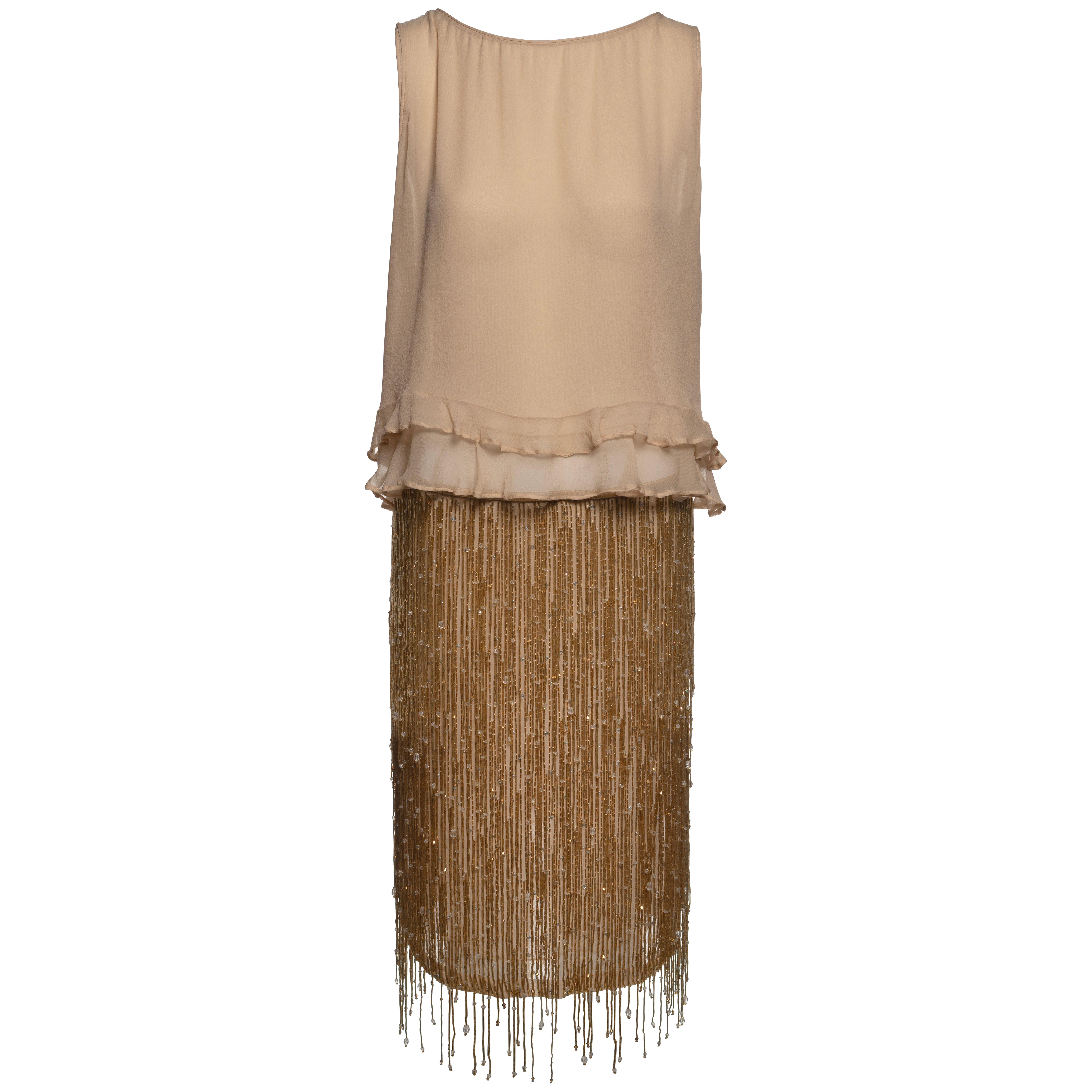 Gucci by Tom Ford Silk Ruffle Top and Gold Beaded Fringe Skirt ensemble, SS 1999