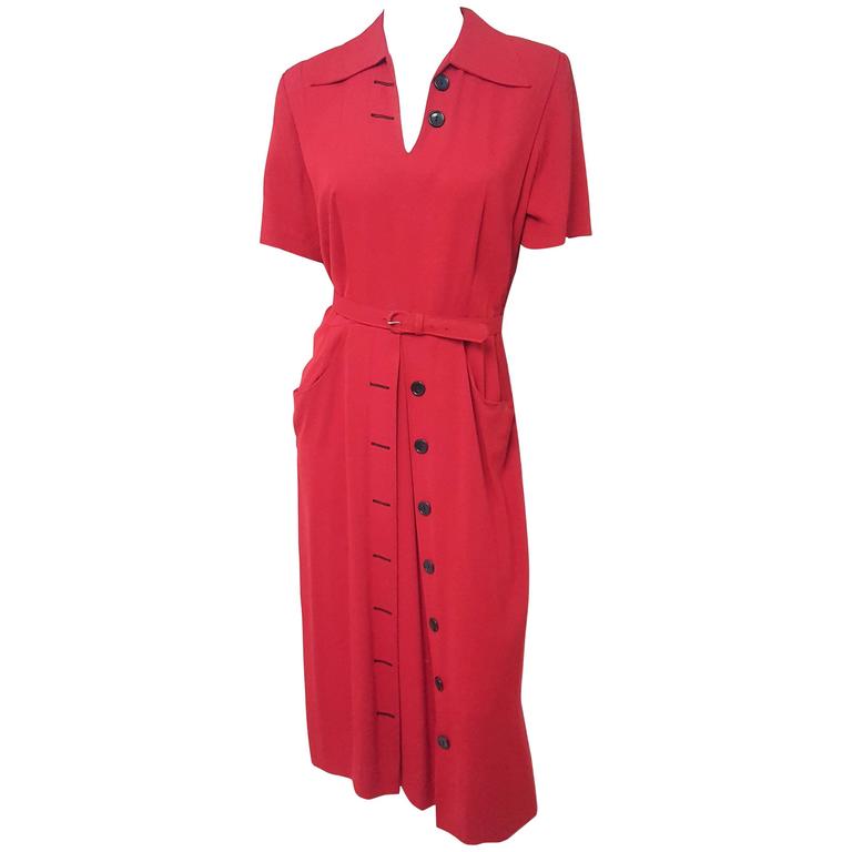 40s Red Day Dress w/ Button Detail For Sale at 1stDibs