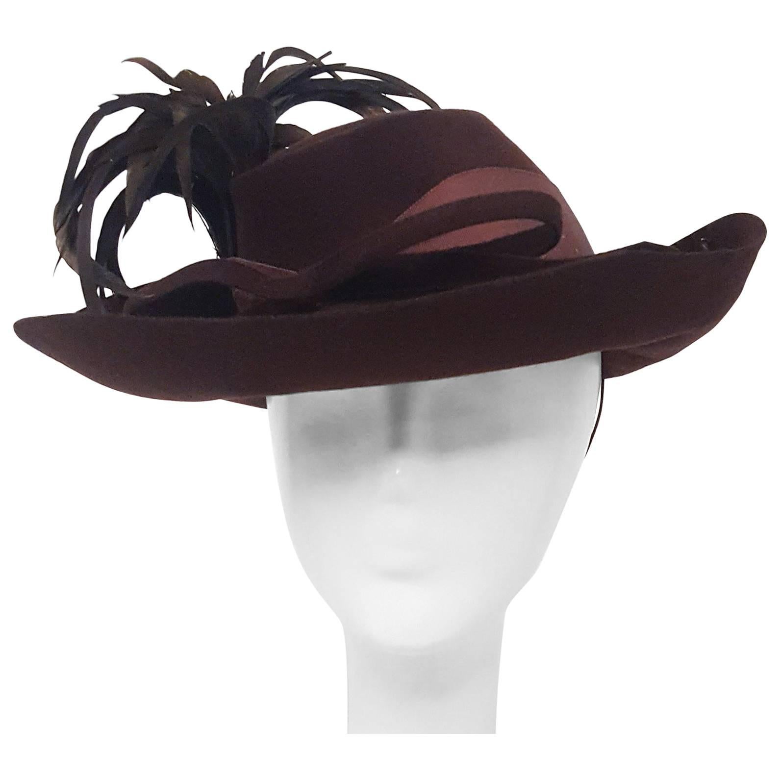 40s Brown Wide Brimmed Fashion Hat For Sale