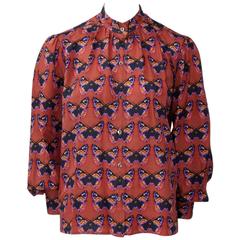 Retro Rare Yves Saint Laurent Butterfly Print Blouse, Fall-Winter 1971-1972