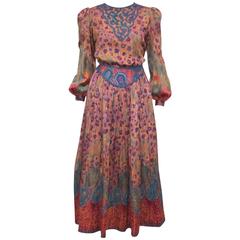 Colorful 1970's Two PIece Silk Gypsy Style Ensemble With Ornate Braiding