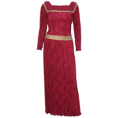 Stunning 1970's Mary McFadden Burgundy Red & Gold Evening Dress 