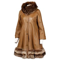 1960s Bonnie Cashin Vintage Leather Trapeze Coat with Fur Trim 3