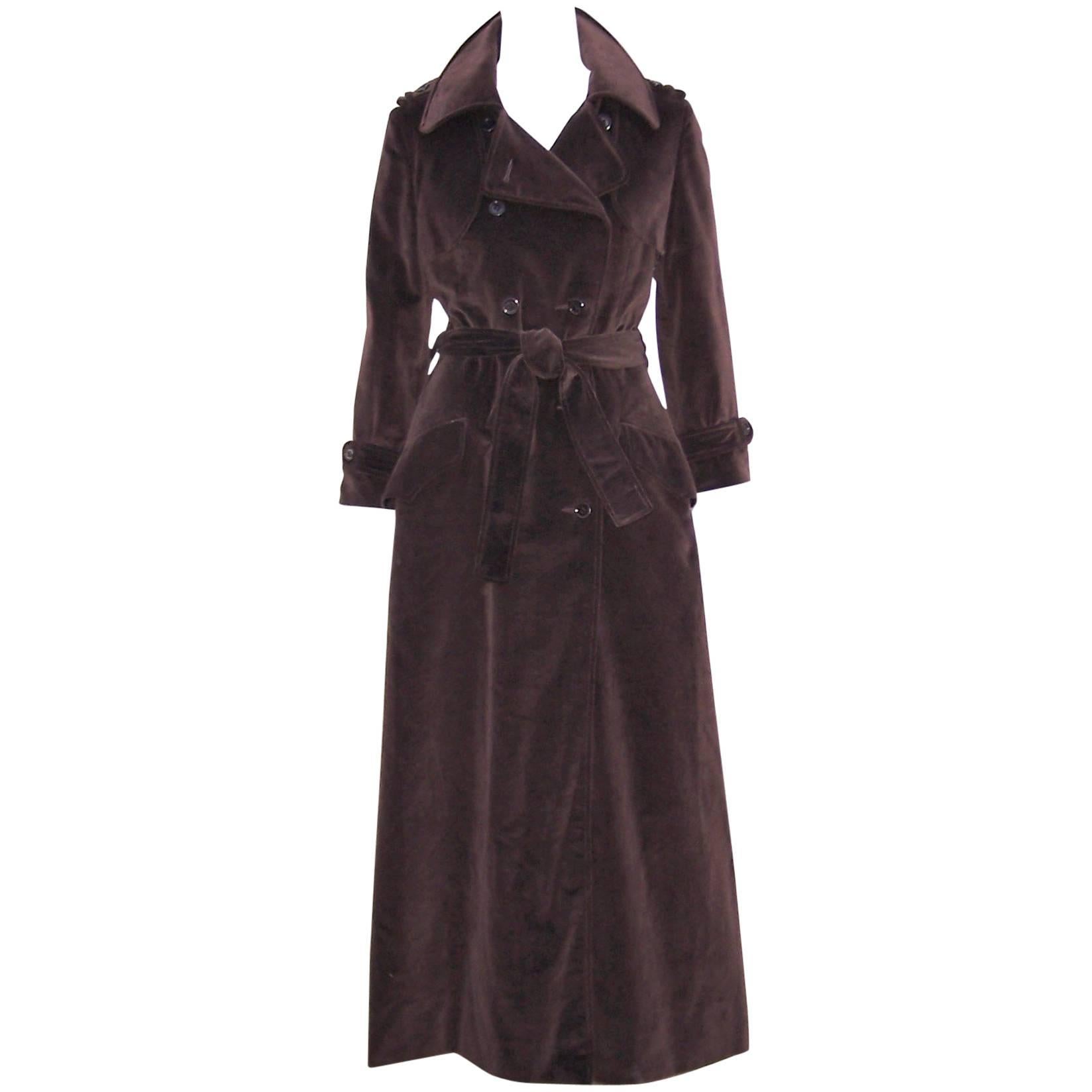 Dramatic 1970's Clavin Klein Brown Velvet Maxi Length Trench Coat