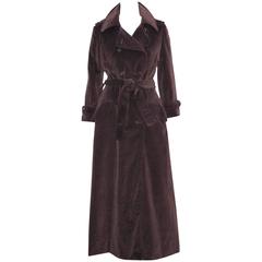 Vintage Dramatic 1970's Clavin Klein Brown Velvet Maxi Length Trench Coat