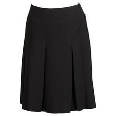 Chanel Black Wool + Silk Pleated Skirt with CC Buttons in a Large Size 44