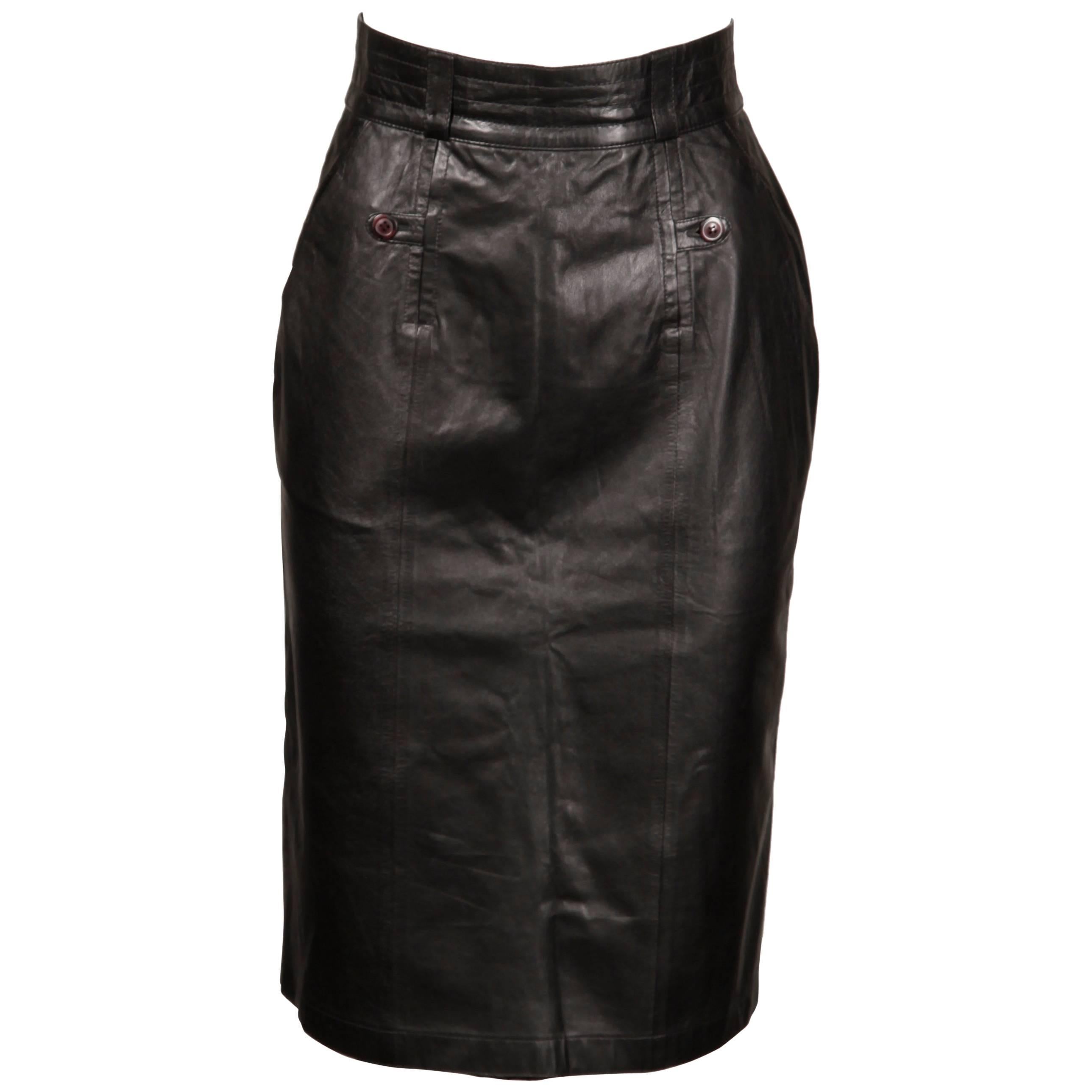 1990s Karl Lagerfeld Vintage Black Leather High Waist Pencil Skirt 26 Small