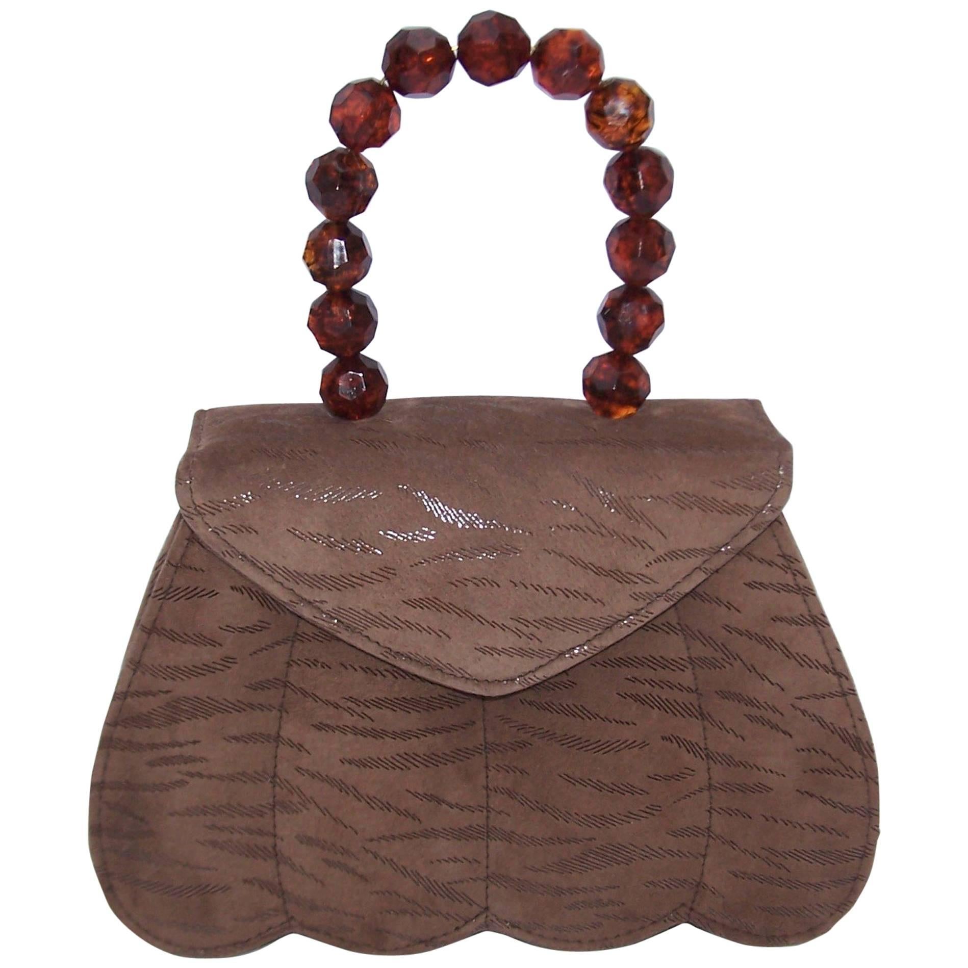C.1990 Michelle LaLonde Suede Leather Handbag With Tortoise Plastic Handle
