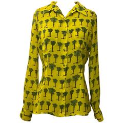 Retro Versace Jeans Couture 1990s Yellow Palm Tree Print Blouse Shirt