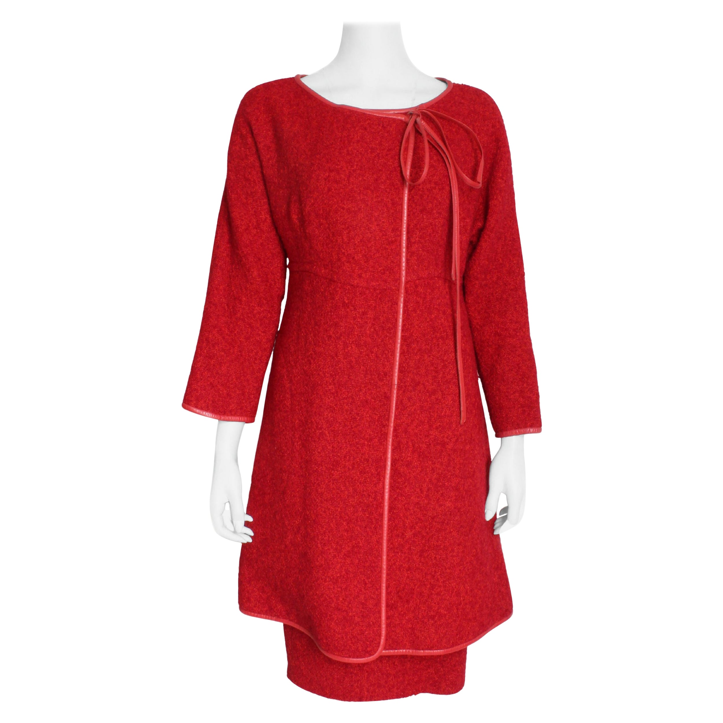 Bonnie Cashin Coat Skirt Suit 2pc Set Cherry Boucle Wool Leather Trim Vintage For Sale