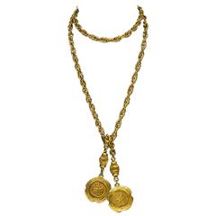 Vintage Late 1980s Chanel Long Gold Lariat Necklace with Coin Details 
