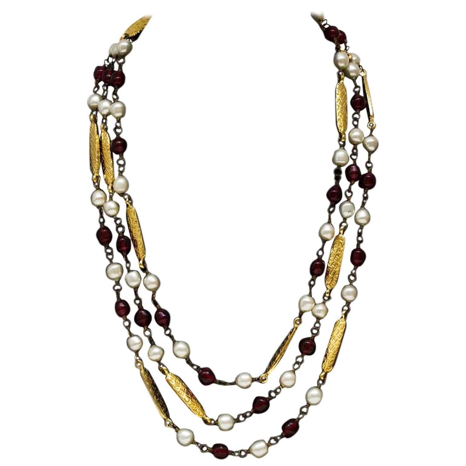 1970's Chanel Pearl, Poured Glass and Gold Long Necklace 