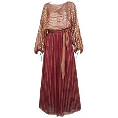 1970s BILL BLASS Burgundy Metallic Silk Maxi Dress