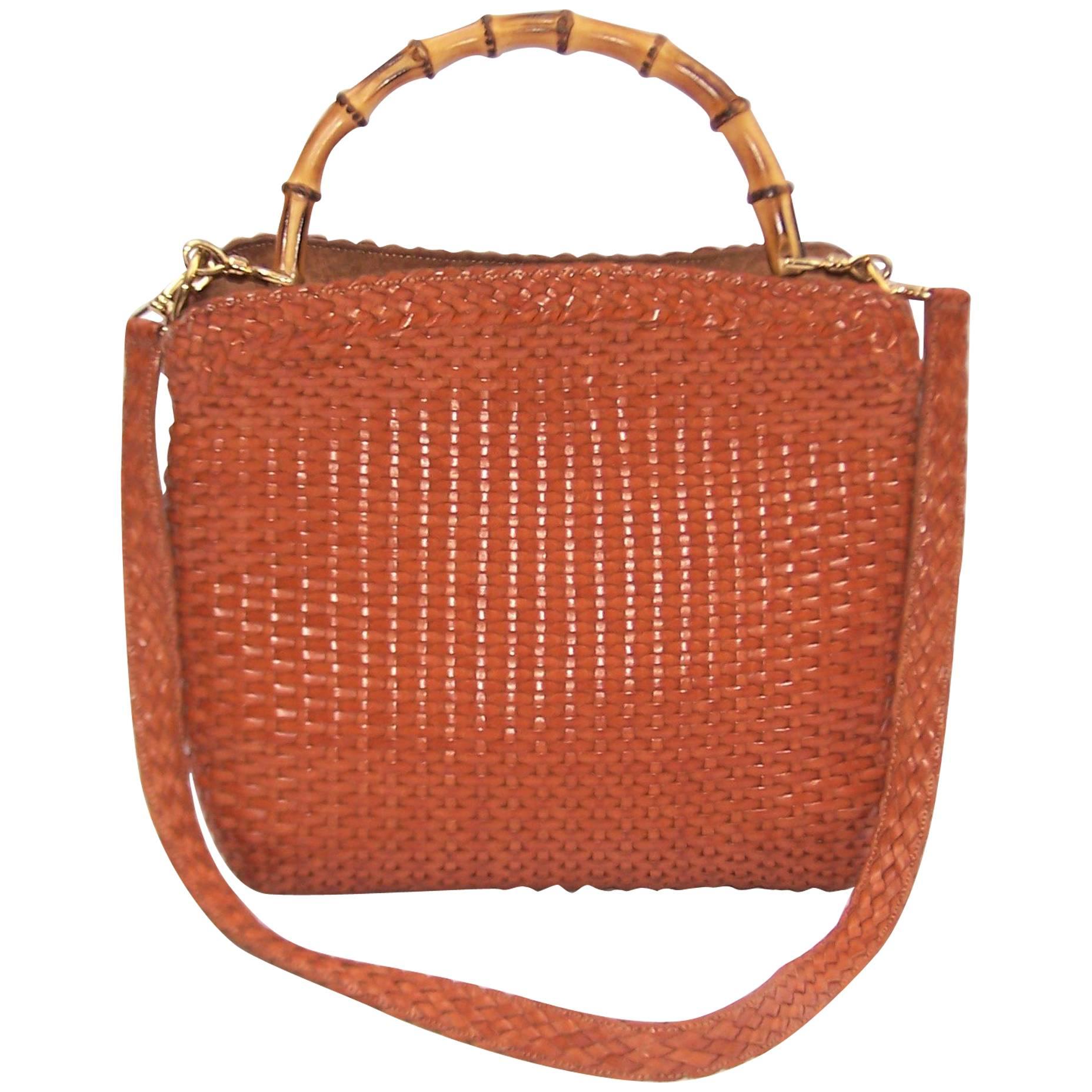 C.1990 Gucci Cognac Woven Leather Handbag With Bamboo Handle