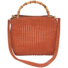 Retro C.1990 Gucci Cognac Woven Leather Handbag With Bamboo Handle